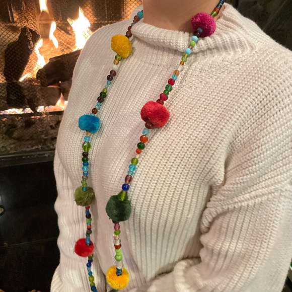 Pom Pom yarn & Bead Necklace, Multi Color, Bohemian, Festival, Art to wear - Picture 6 of 7